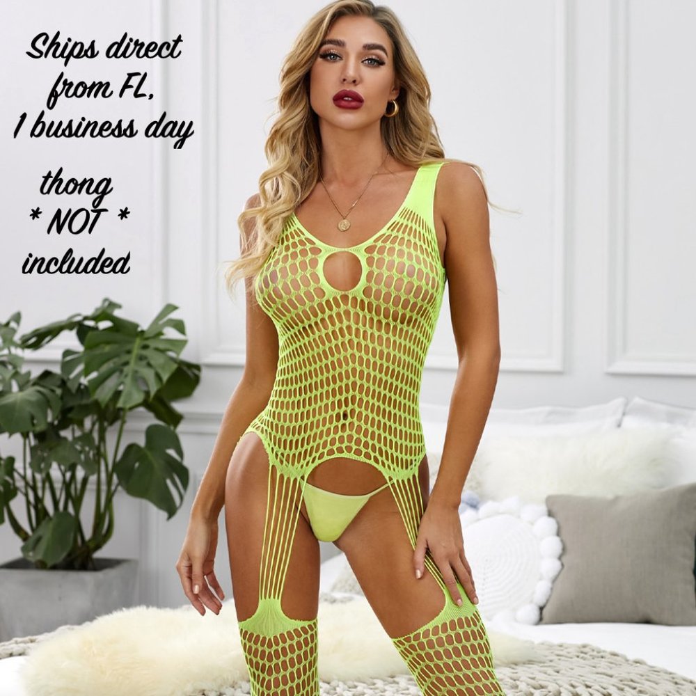 Sexy Neon Lingerie Bodystocking Full Slutty Thigh Highs Fishnet Naughty Cosplay